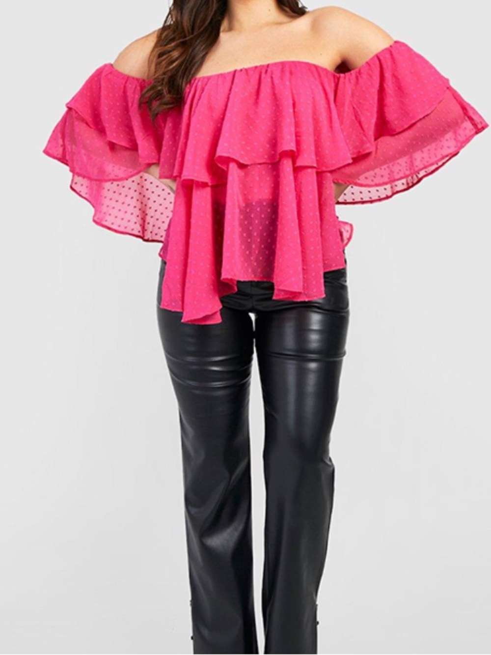 NWT Boohoo Hot Pink Off Shoulder Dobby Mesh Tiered Ruffle Blouse Top 28 3X plus
